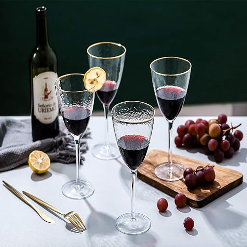 Miniatura 2 de Juego de 4 copas de vino de alta calidad, cristalería martillada con borde dorado de 12 onzas para cóctel de vino blanco y tinto para boda,