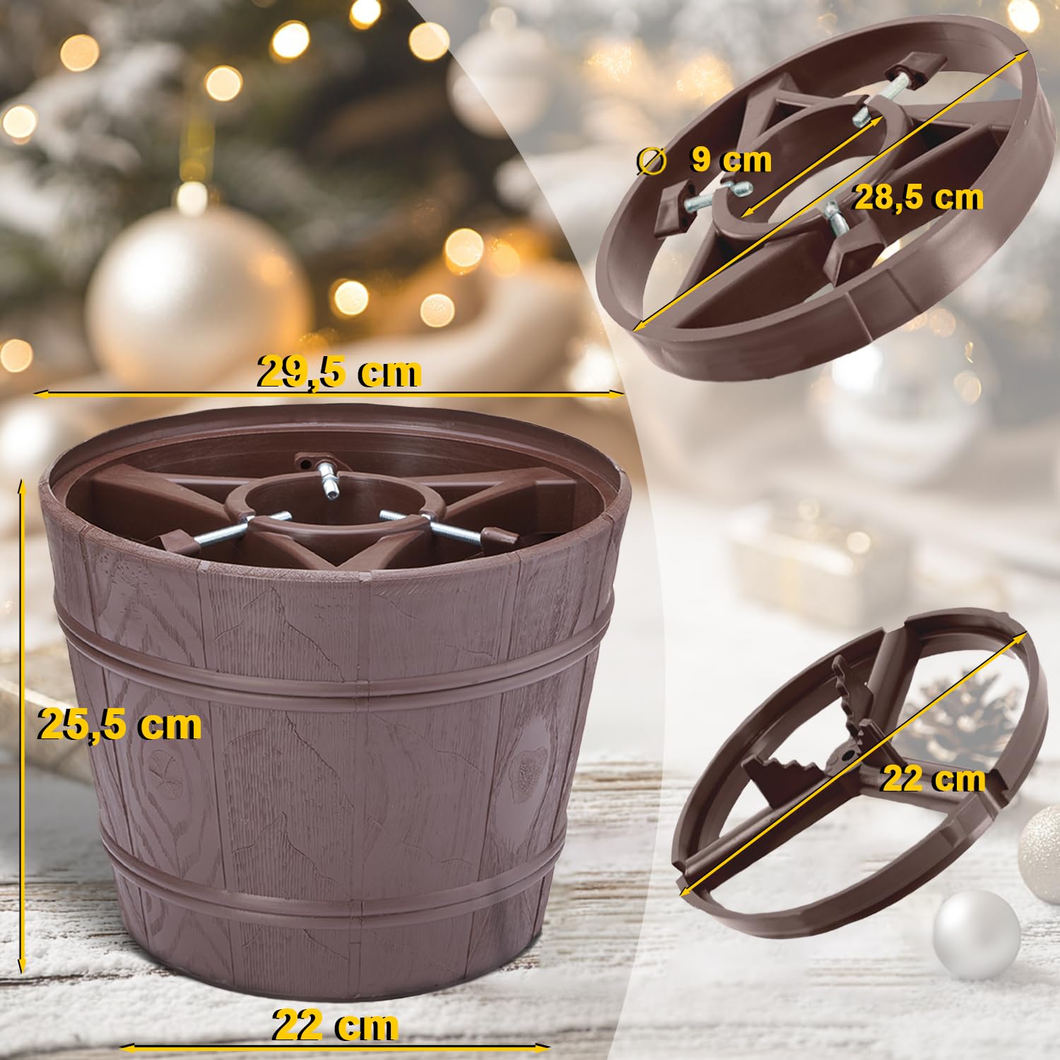 Weihnachtsbaumständer Ø 29 cm | Christbaumständer für Bäume bis Ø 9 cm - 2,5 m | Tannenbaumständer mit Baumdünger für stabile und langlebige Weihnachtsdeko, verlängert die Frische des Baumes | Braun