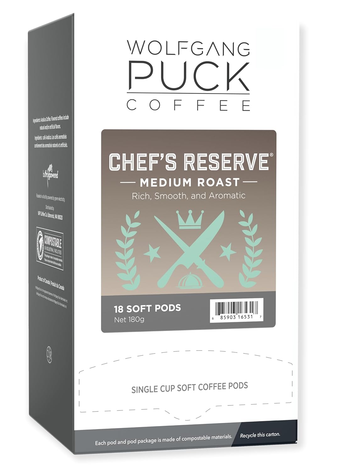 Wolfgang Puck Coffee, Chef's Reserve, 9.5 Gram Soft Pods, 18 Count (Pack of 6)