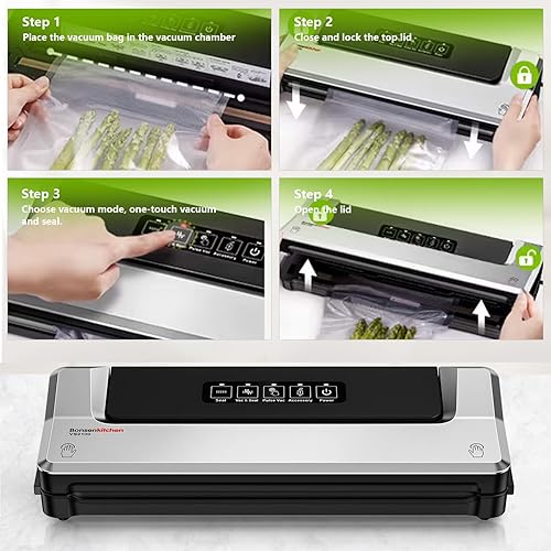 Miniatura 3 de Bonsenkitchen Máquina selladora al vacío con 40 bolsas de vacío, ahorrador de alimentos compacto rápido, sellador multifuncional con manguera de