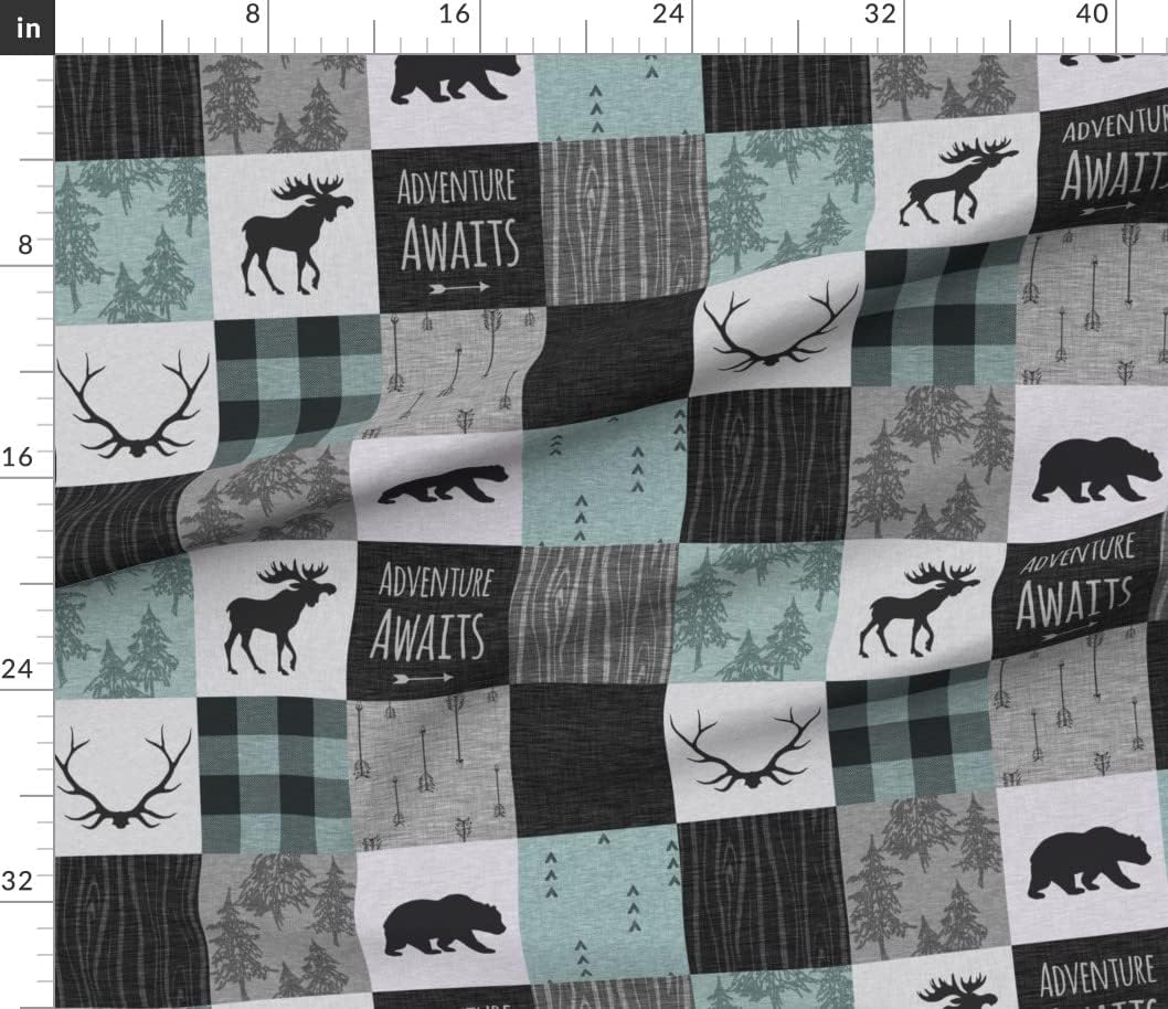 Spoonflower Fabric - Adventure Awaits Quilt Aqua Black Grey Mint Moose Patchwork Woodland Printed on Cotton Poplin Fabric by The Yard - Sewing Shirting Quilting Dresses Apparel Crafts