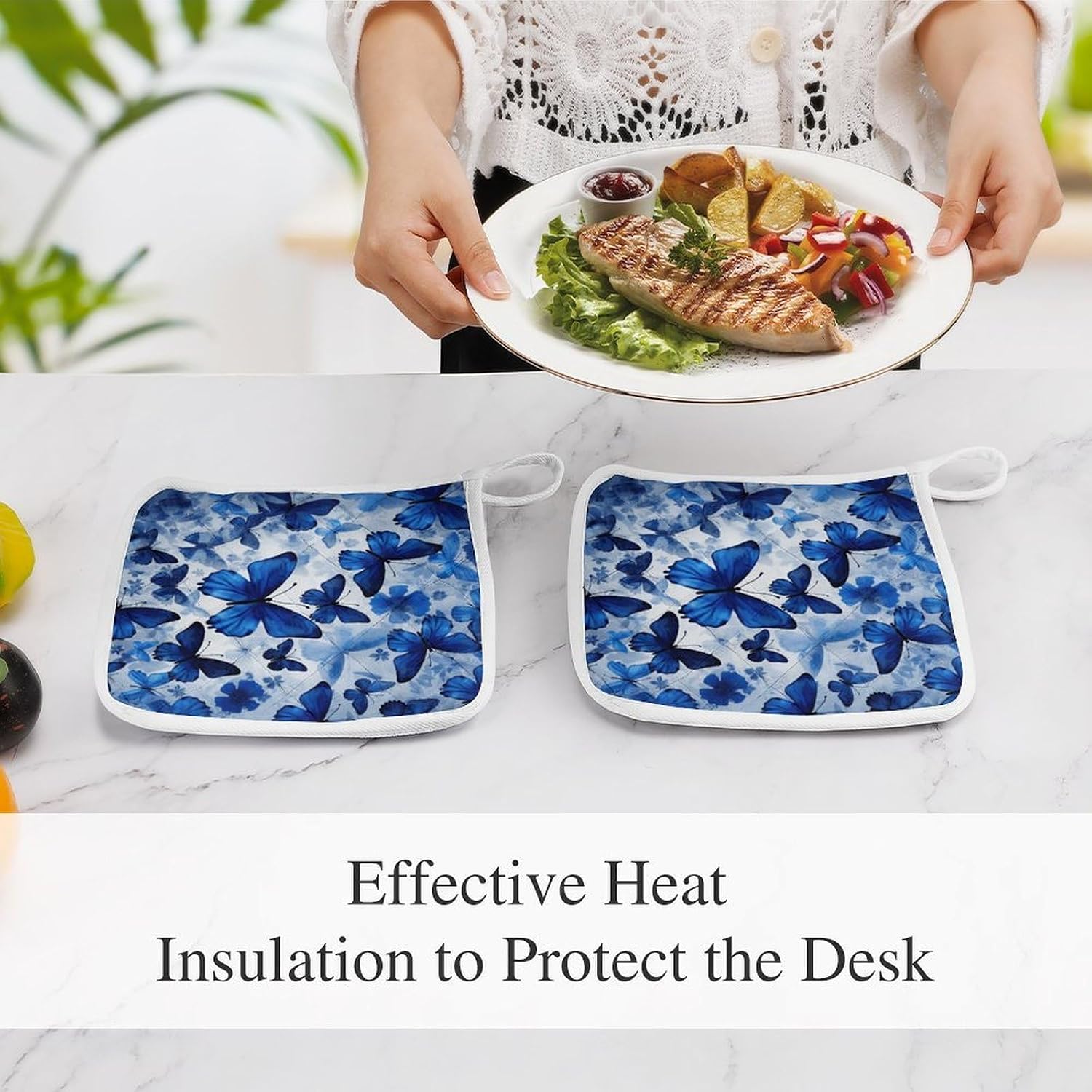Blue Butterflies Polyester Heat Resistant Pot Pad Non Slip Anti Scald Hot Dish Mat Reusable Table Protector for Kitchen Hot Pot Mat Wear Resistant Heat Proof Table Pad for Countertop Dining Room