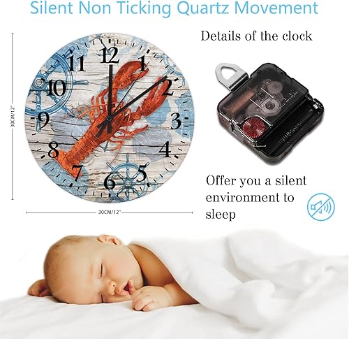 Miniatura 3 de Reloj de madera de langosta de 12 pulgadas, silencioso, sin tictac, conchas y estrellas de mar, decoración de playa, reloj de pared de madera