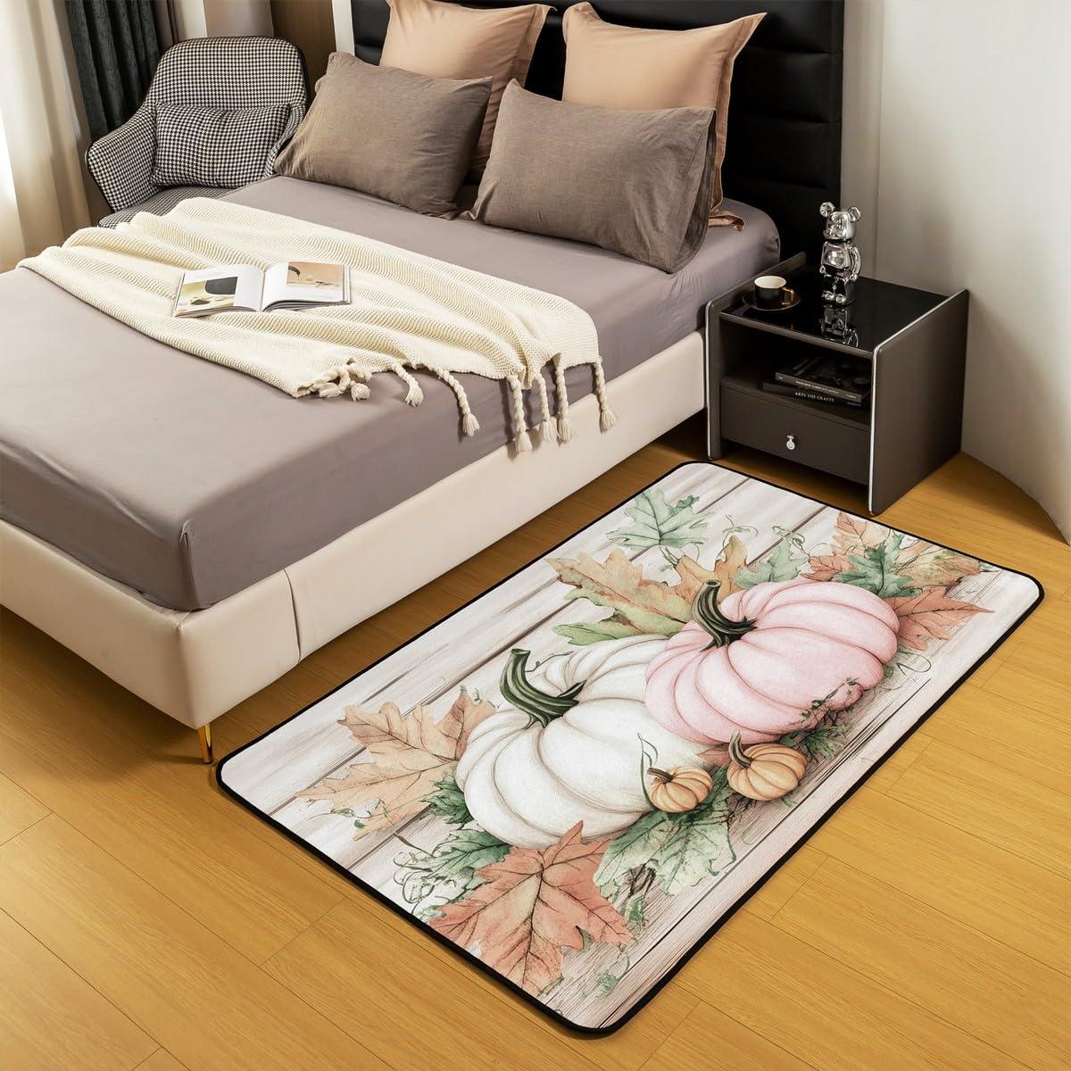 Dywan z motywem dyni 100 x 150 cm, Święto Dziękczynienia, liście klonu, nie gubi włosia, prostokątny dywan, szczęśliwa jesień nadruk dzieci nastolatki wewnętrzna mata podłogowa do salonu sypialni,