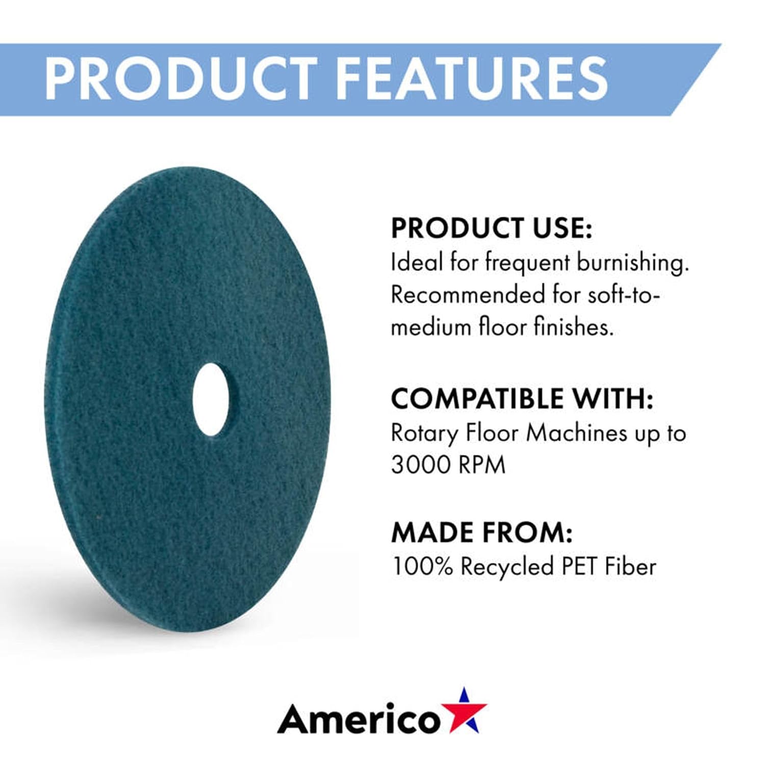 Americo Aqua Ultra High Speed Burnishing Floor Pad, High Gloss Polish, Soft to Medium Finishes, High Frequency, 24" Diameter, 5 Pads/Case, Made in USA