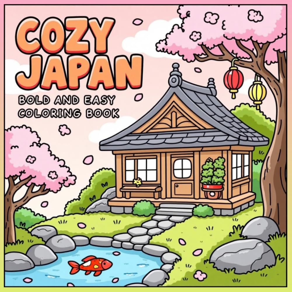 Cozy Japan Coloring Book: Bold and Easy Japanese-Themed Coloring Pages Featuring Cute Houses, Cherry Blossoms, Lanterns, Gardens and Peaceful Scenes for Relaxation