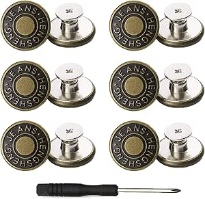 YouOKLight buttons for Jeans,17 mm no-sew nailess removable metal jeans buttons replacement repair combo thread rivets and screwdrivers,12 replacement buttons, simple Installation, reusable.