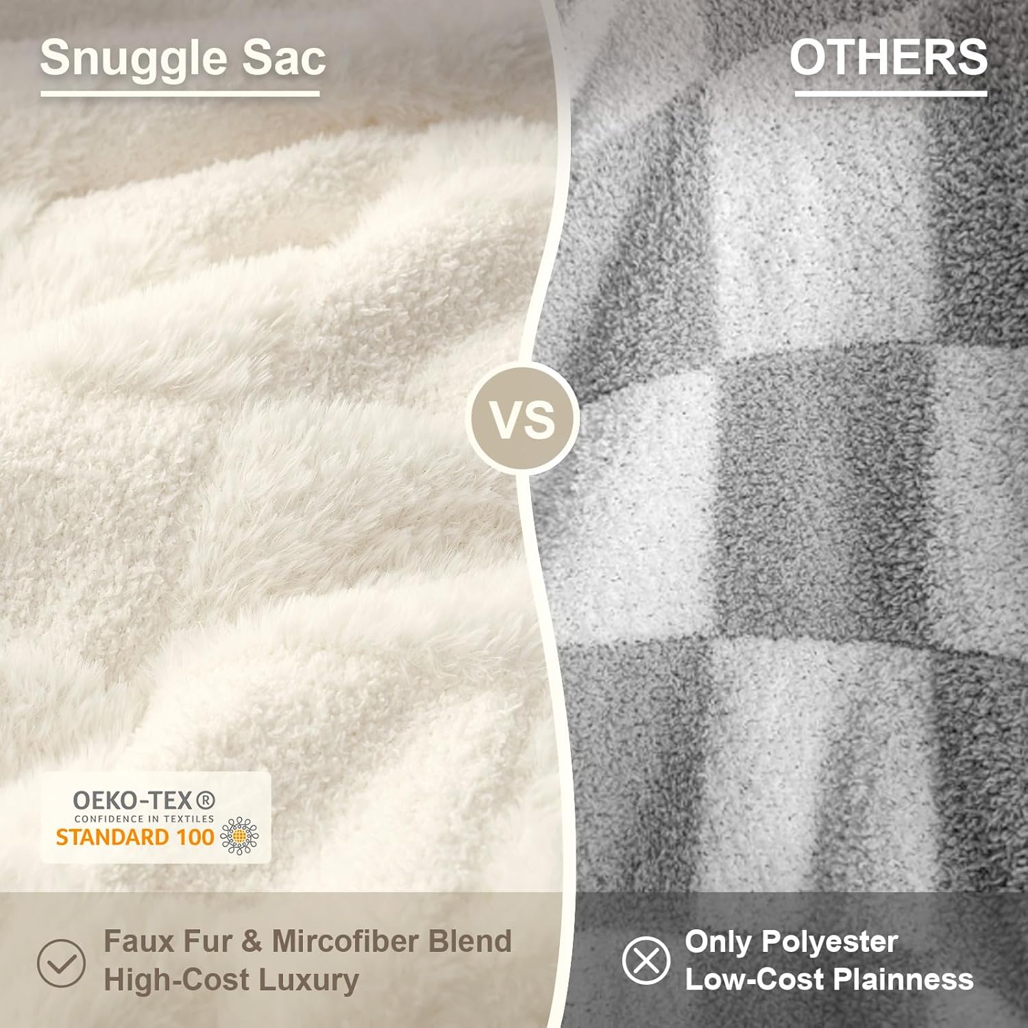 Snuggle Sac Checkered Throw Blanket Faux Fur Microfiber Blankets for Couch,Cozy Soft Warm Blanket for Sofa Bedroom Living Room,Solid Ivory,50x60 inches - Image 6