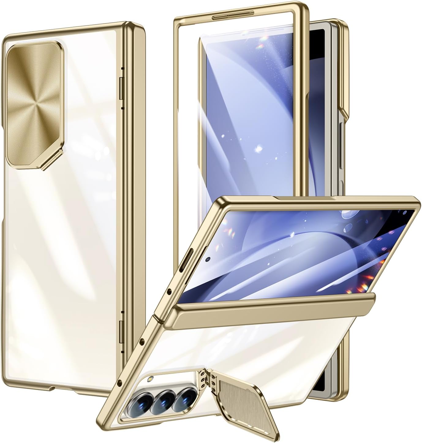 for Samsung Galaxy Z-Fold-6 Case: with Camera Kickstand, Front Screen Protector, Full Body Protective Cover, Luxury Clear Plating Slim Phone Cover for Z Fold 6 (Gold)