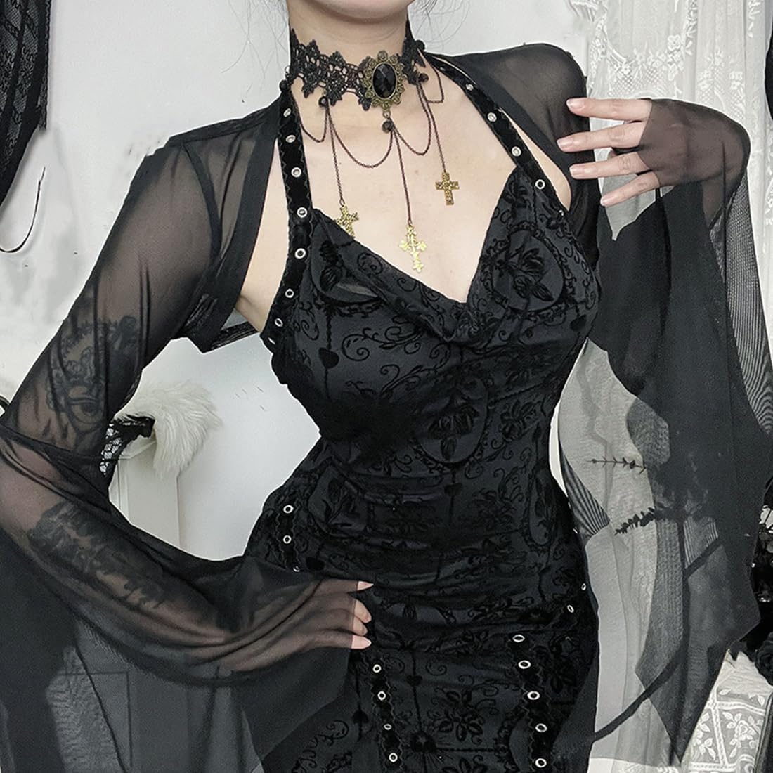 Women Goth Cropped Shrugs Bell Sleeve Black Cover Ups Sheer Bolero Shrug Y2k Crop Top