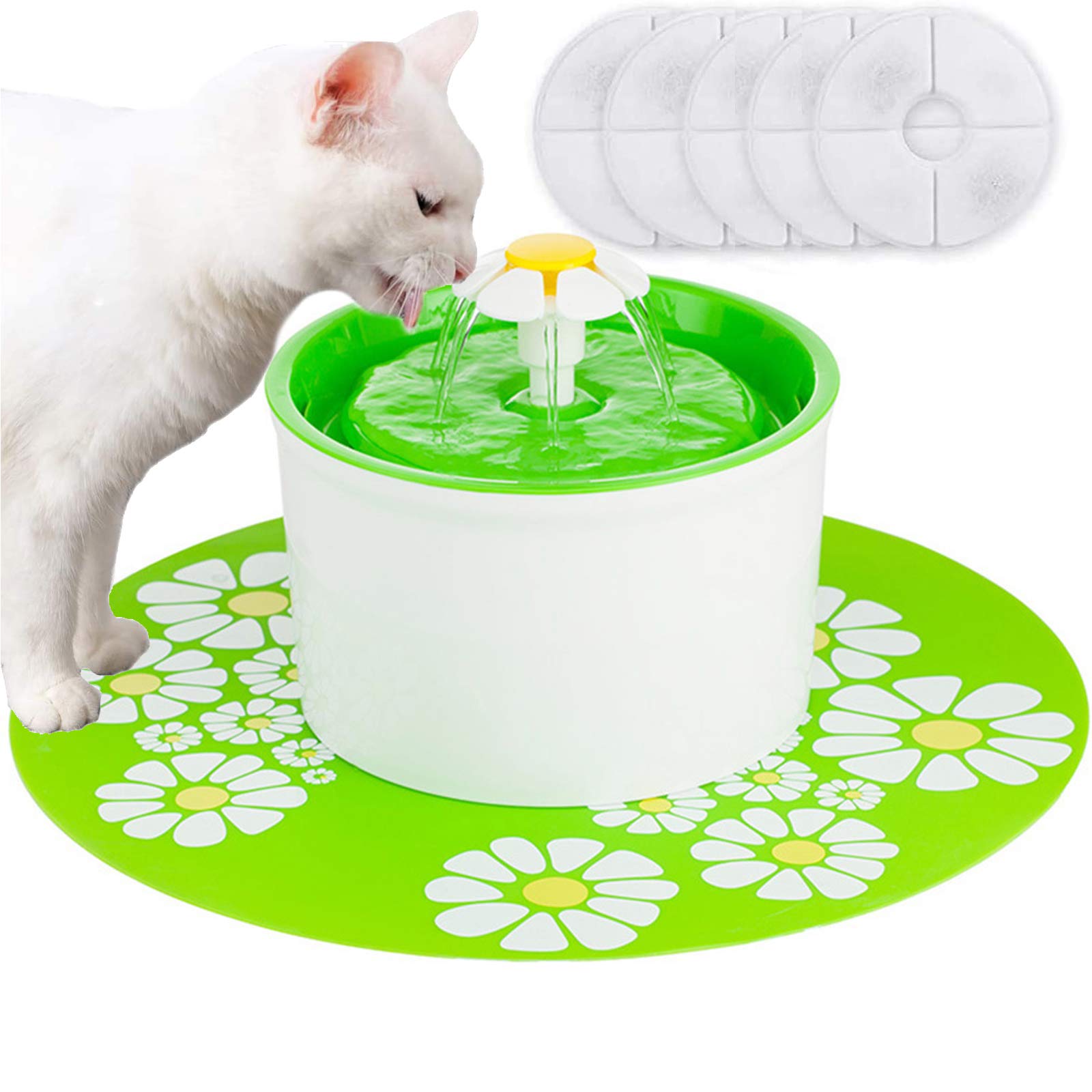 Fontana per Animali Domestici, Erogatore d'Acqua Elettrico Automatico Super Silenzioso da 1,6 Litri, Fontana per Gatti con Fiori Silenziosi con 5 Filtri di Ricambio E 1 Tappetino in Silicone