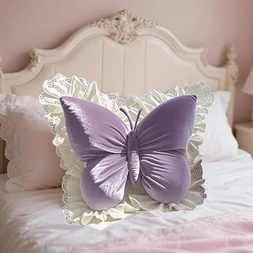 Butterfly Throw Pillow with Lace Edge, 20 inch Velvet Butterfly Decorative Pillow, Animal Pillow for Couch Living Room Bed,Home Decor, Office Chair, Car Seat Purple