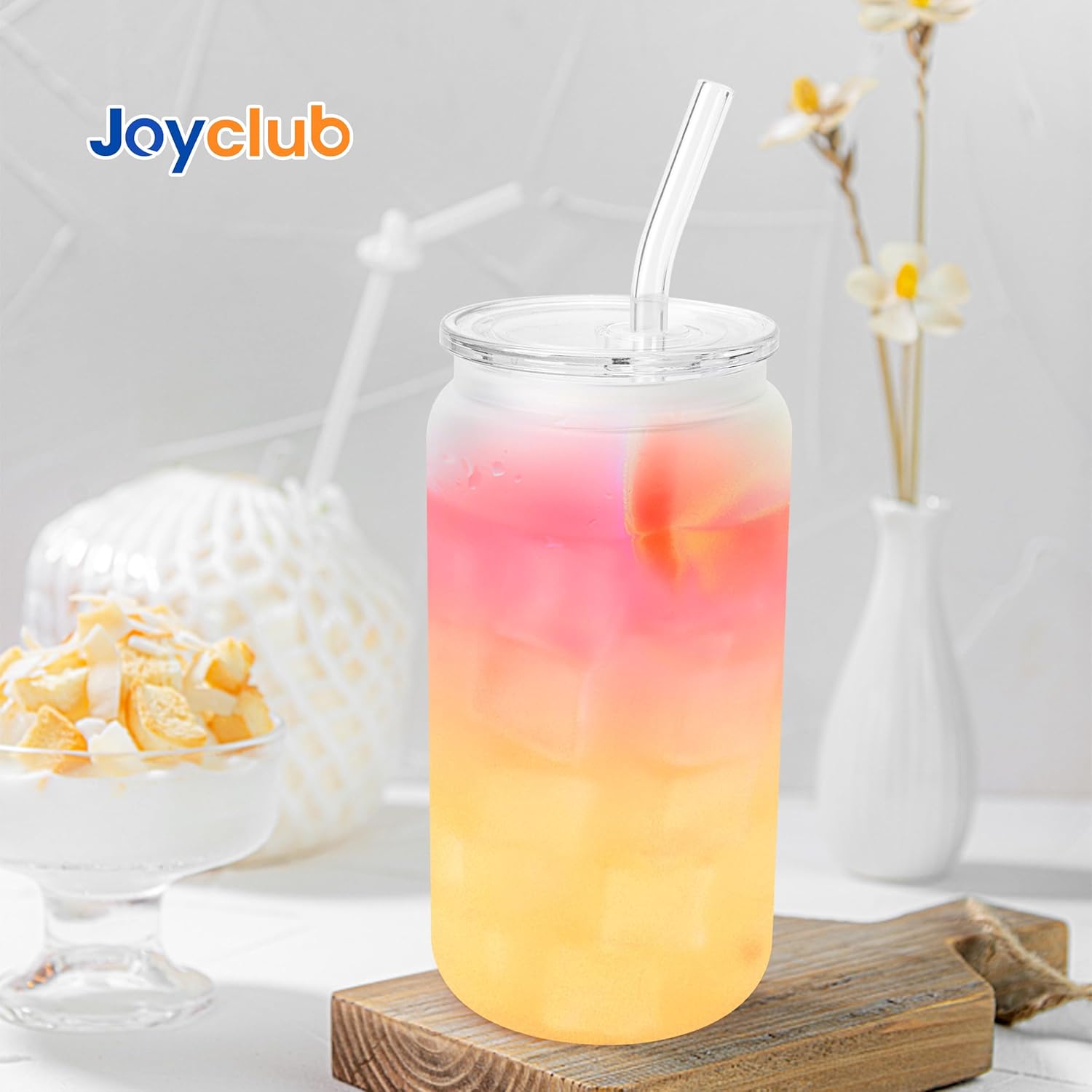 Joyclub Bundle of 4 Pack Acrylic Lids Fit for 16 oz Glass Cups and 8pcs with Acrylic Lids and Straws 16 oz Can Shaped Glass Iced Coffee Cups