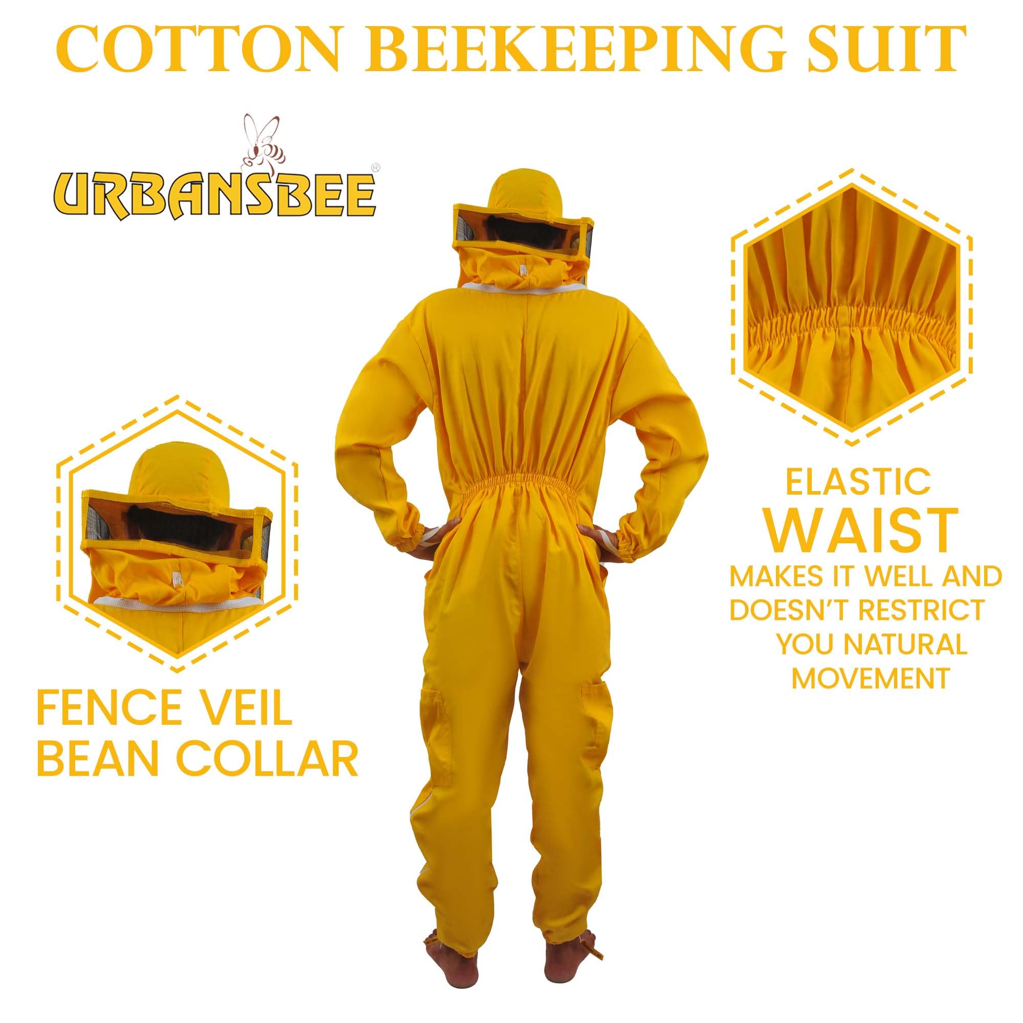 Tuta Apicoltore professionale Abito Apicoltura Cotone Quadrato Cappuccio eampia tasca per gli apicoltori contro le punture delle api Tuta Naturale ape (XL, Giallo Con Cappello Quadrato)