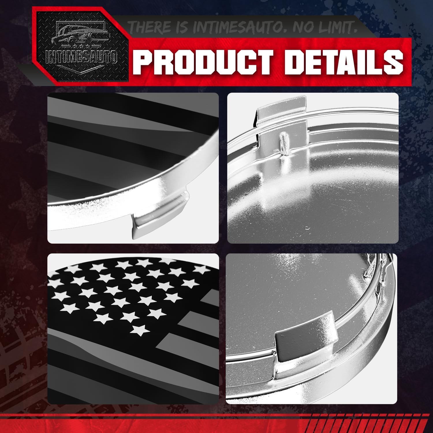 Condition photo showing New/Like New for 65mm 2.6 inch wheel center caps for ford fl341a096 rim wheel center hub caps, pack of 4 chrome with american flag chrome with american flag 65.0mm o.d. / 61.2mm i.d.