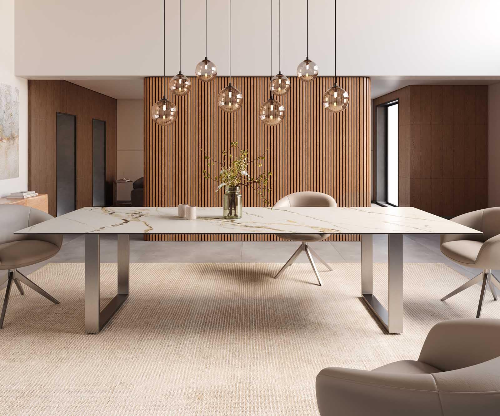 Table à manger Edge céramique Calacatta Luxe blanc-doré-gris 300x100 acier