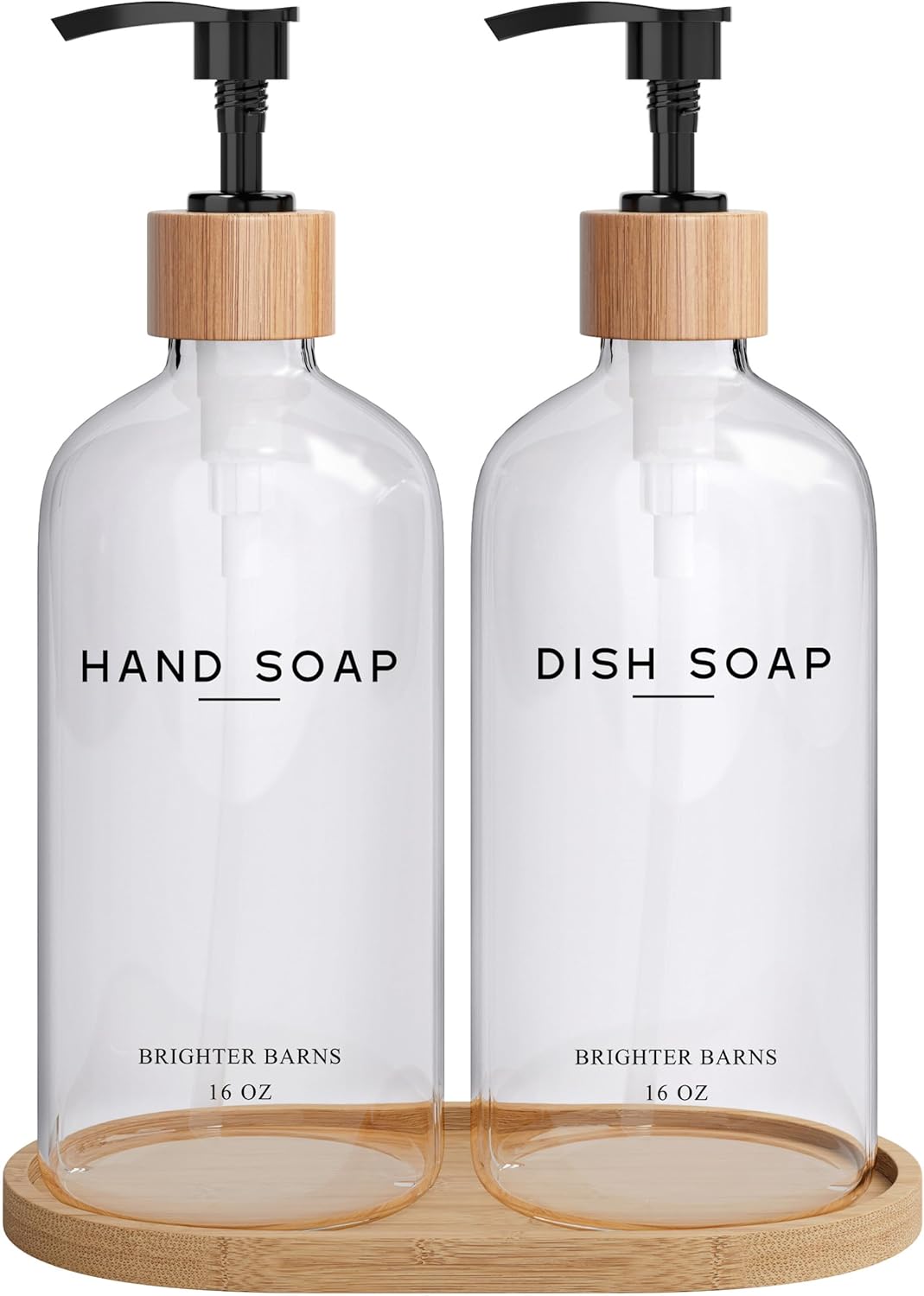 Clear Glass Hand and Dish Soap Dispenser Set by Brighter Barns - Kitchen Soap Dispenser Set with Bamboo Tray - Modern Kitchen Decor, Minimalist Decor (Clear) Hand Dish (Clear)