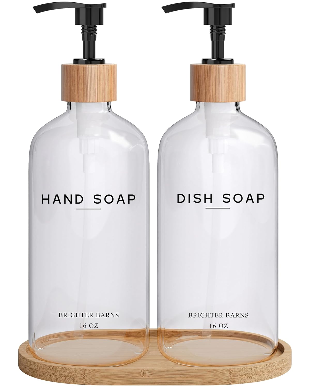 Clear Glass Hand and Dish Soap Dispenser Set by Brighter Barns - Kitchen Soap Dispenser Set with Bamboo
