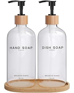 Clear Glass Hand and Dish Soap Dispenser Set by Brighter Barns - Kitchen Soap Dispenser Set with Bamboo