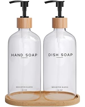 Clear Glass Hand and Dish Soap Dispenser Set by Brighter Barns - Kitchen Soap Dispenser Set with Bamboo