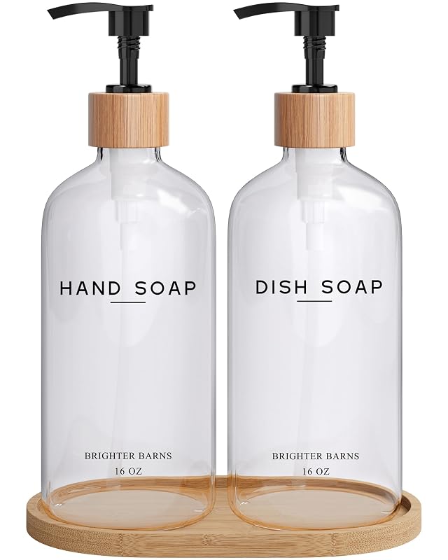 Clear Glass Hand and Dish Soap Dispenser Set by Brighter Barns - Kitchen Soap Dispenser Set with Bamboo