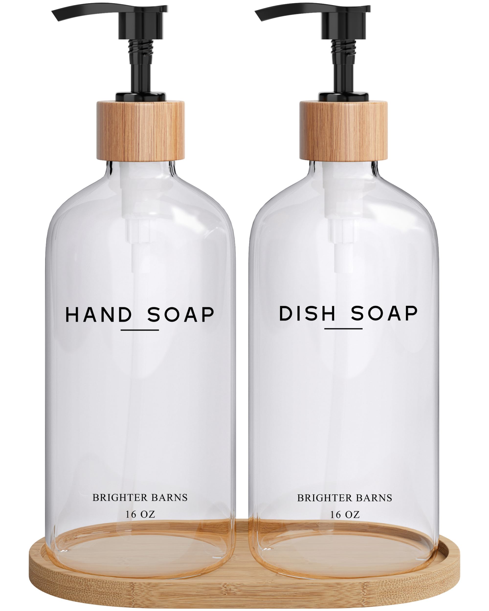 Clear Glass Hand and Dish Soap Dispenser Set by Brighter Barns - Kitchen Soap Dispenser Set with Bamboo