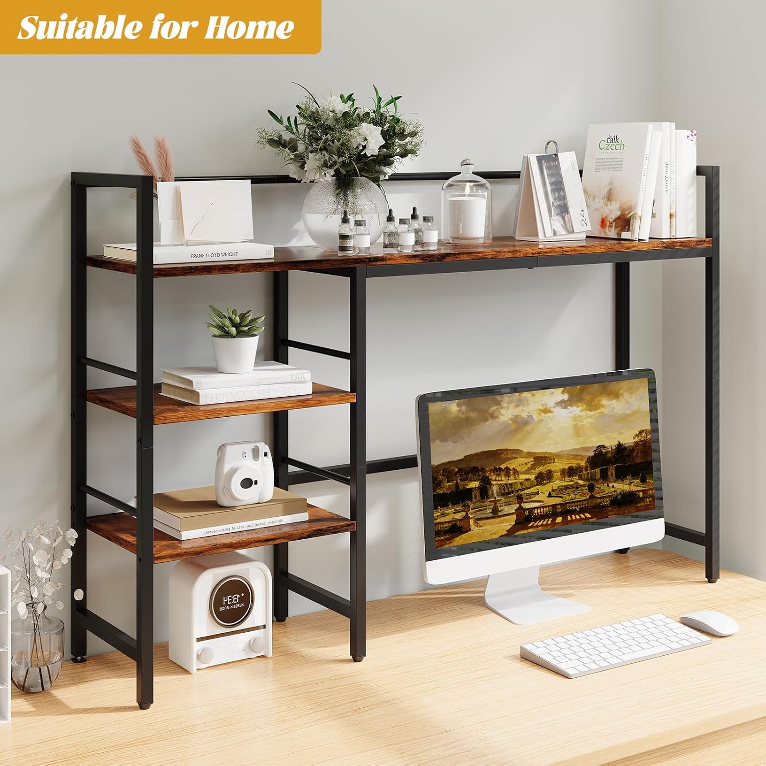 HavenlyYouth Desk Shelf, 45.4 Inch Wood Desk Organizer Shelf for Computer Monitor, Desk Hutch Storage, Desktop Shelf for Top of Desk, 3 Tier Desktop Bookshelf for Home Office Dorm, Rustic image 4