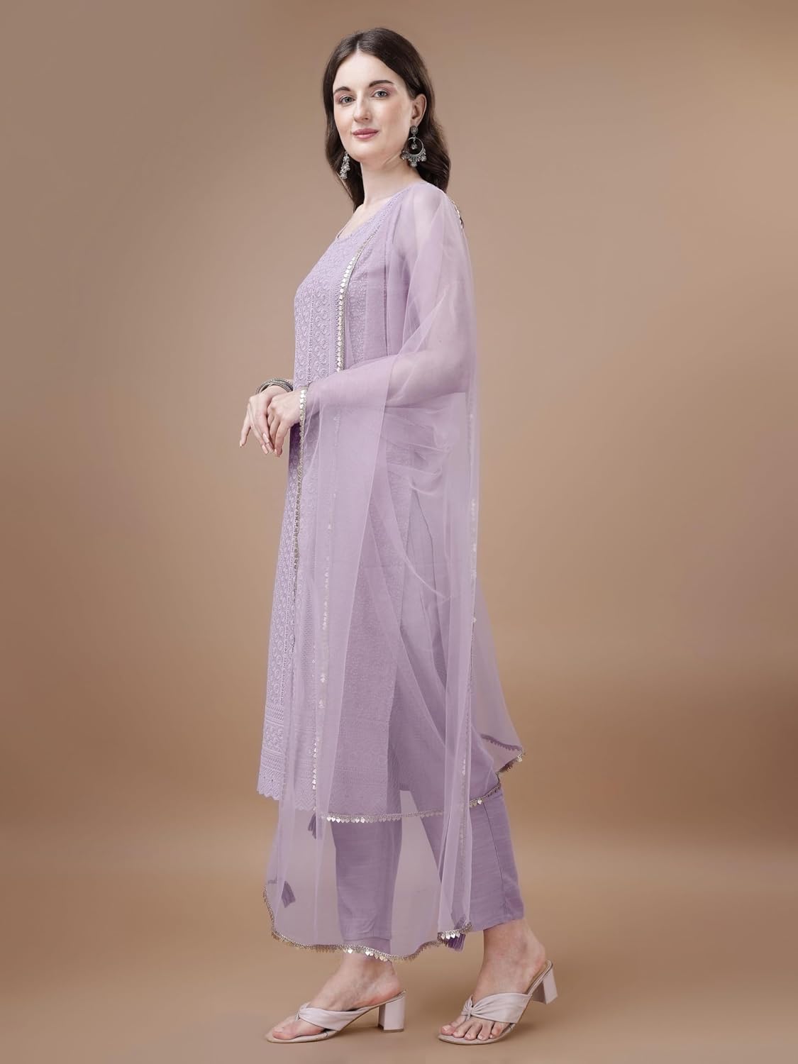 SK.Royal Women's Silk Chikankari Kurta Pant with Dupatta - Purple(S)