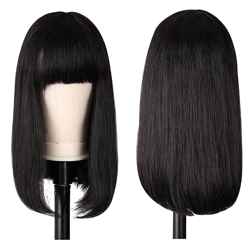 Miniatura 7 de Unonet Pelucas cortas Bob de 10 pulgadas para mujeres negras, pelucas de cabello humano Bob con flequillo, pelucas sin encaje frontal, pelucas de