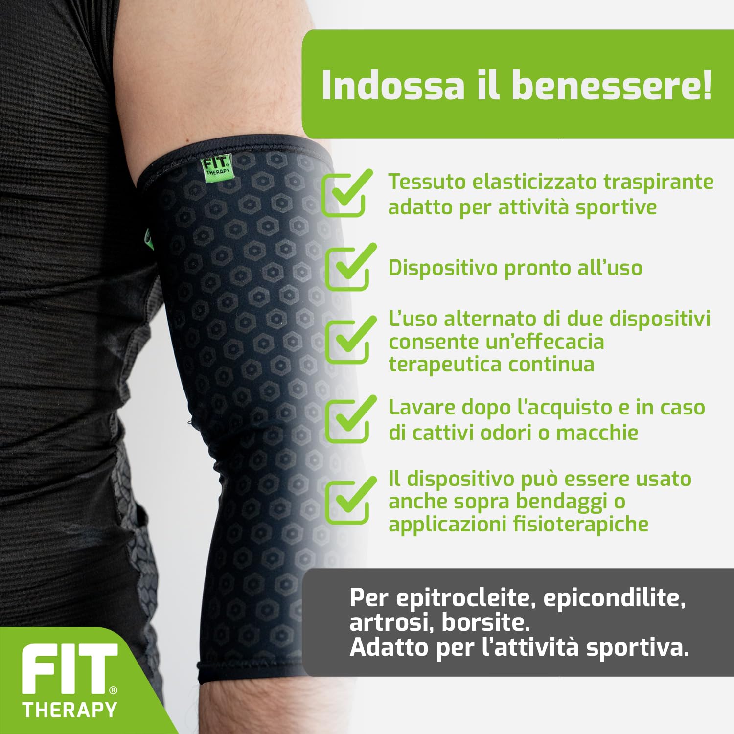 FIT THERAPY – Gomitiera per Epicondilite – Dispositivo Medico per Dolori Muscolari e Articolari Gomito, Epitrocleite, Borsite, Artrosi – Senza farmaci, traspirante, lavabile fino a 300 volte