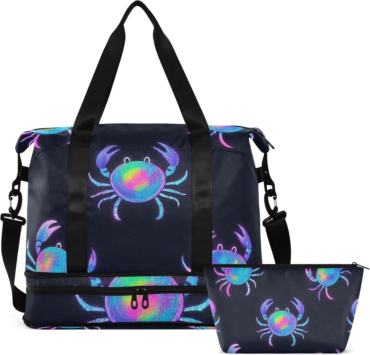 Colorful Fluorescent Neon Cute Crabs Gym Tote Bag Large Carry On Bag with Toiletry Bag for Sports Foldable