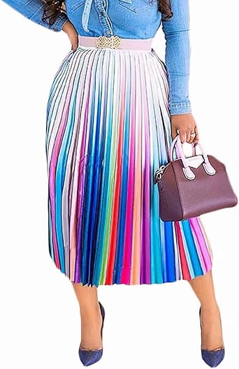 ThusFar Womens Graffiti Pleated Skirts Cartoon Printed Elastic Waist A-Line Swing Midi Skirt