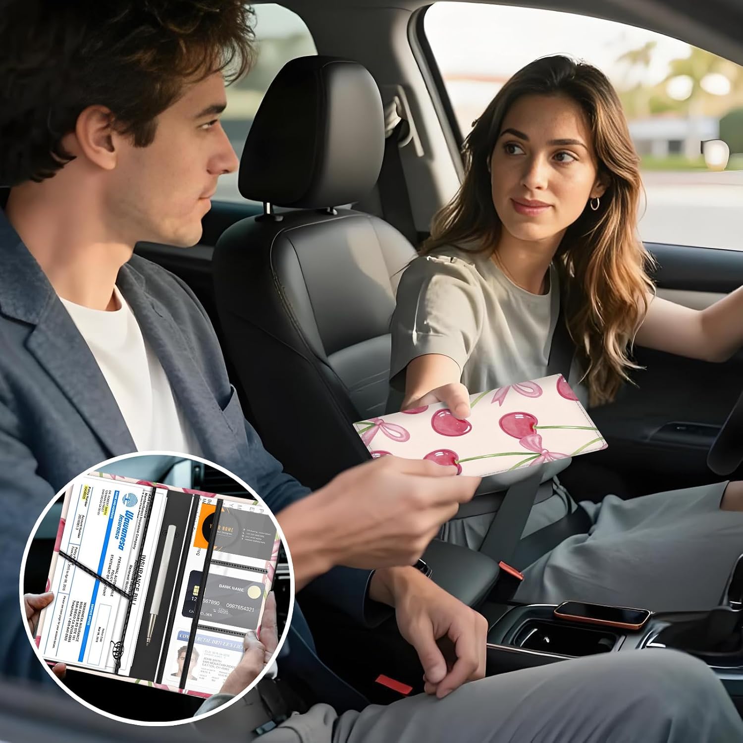 Car Registration and Insurance Holder with Magnetic Shut, Cute Vehicle Glove Box Car Organizer, Premium Interior Car Accessories for Women Men Luxury Bowtie Cherry