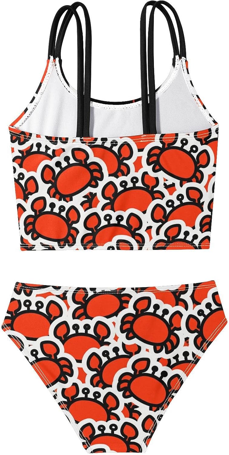 visesunny Girls Two Piece Swimsuits Cartoon Red Crab Vector Girl's Bikini Sets Bathing Suits for Girls Size 5-12Y