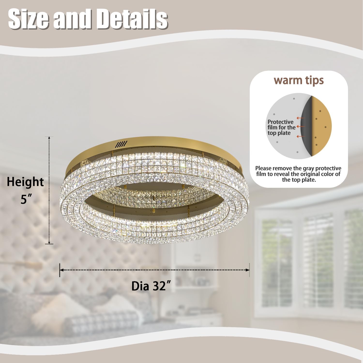 32'' Modern Chandeliers for Living Room Crystal Chandelier Flush Mount Ceiling Light Fixture for Dining Room Living Room Bedroom Dimmable 2700-6000K (Gold Chandelier)