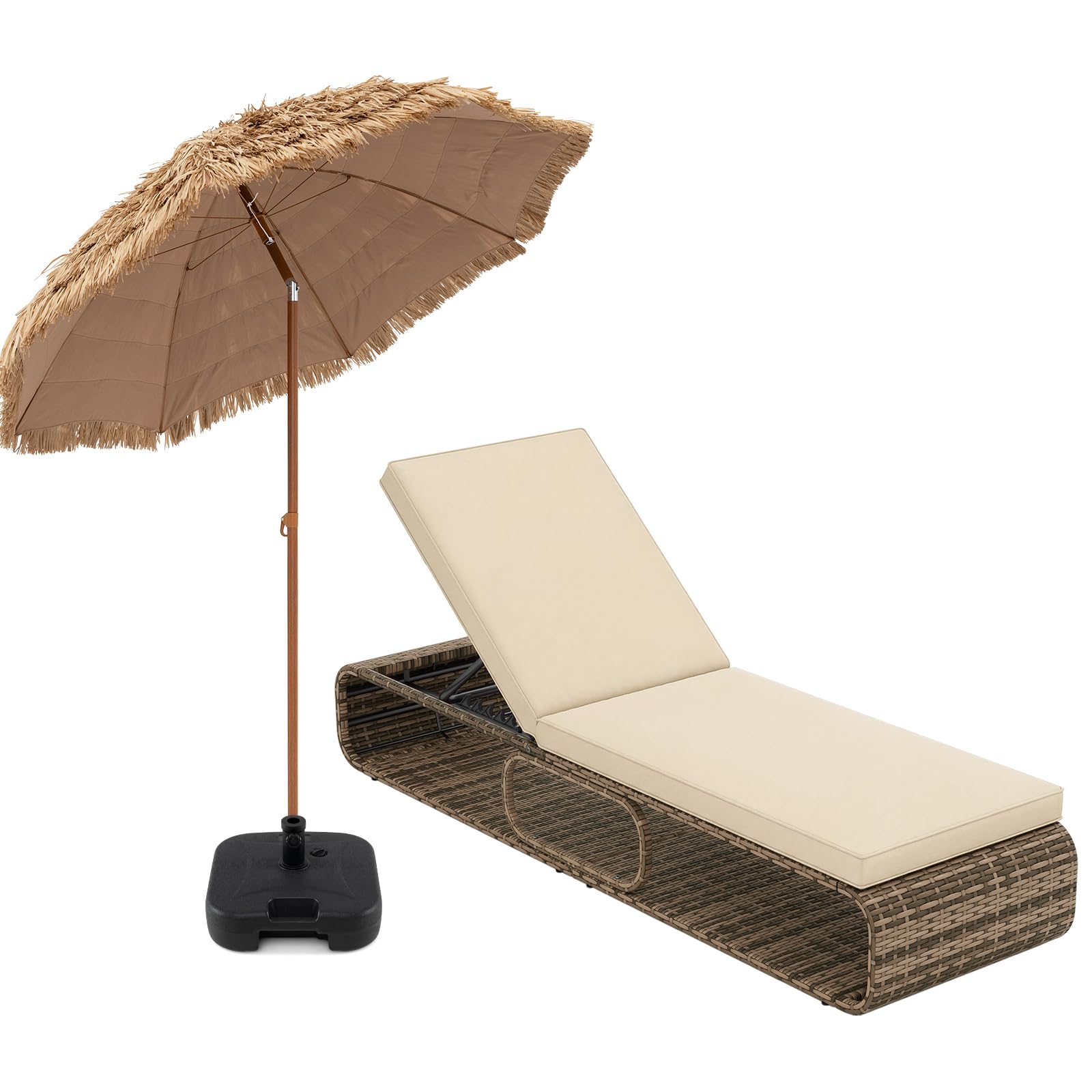 COSTWAY Conjunto de Tumbona Ratán Exterior con Cojín, Sombrilla de Paja de 2,2m con Base Recargable, Tumbona Reclinable en 7 Posiciones Jardín, Terraza o Piscina (Juego marrón)