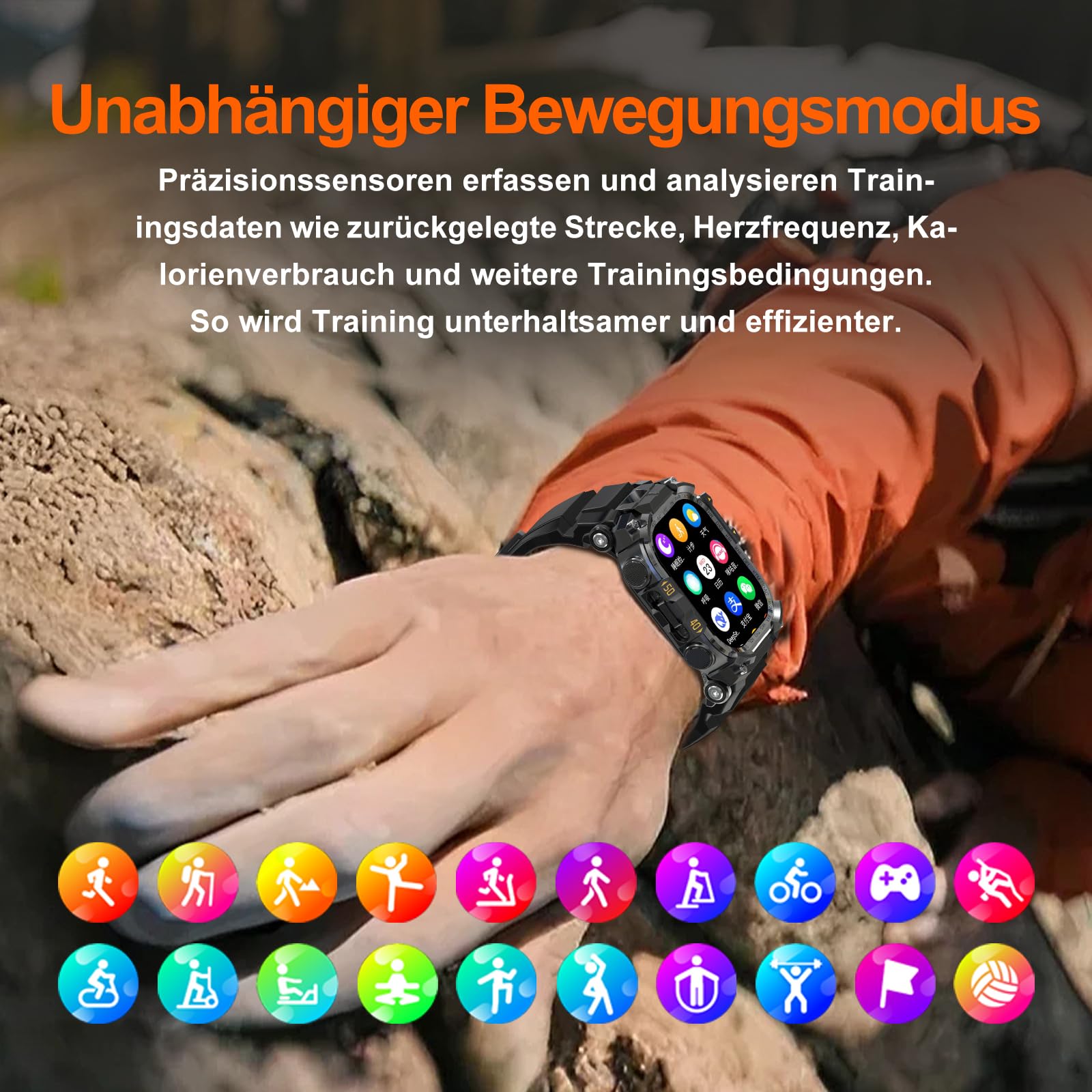 Mingtawn 4G-SIM-Karten-Android-Smartwatch mit GPS & WLAN, Militär-Outdoor-Uhr für Herren, 2,06″ AMOLED-Großbildschirm, HD-Kamera mit 180°-Drehfunktion (Schwarz)