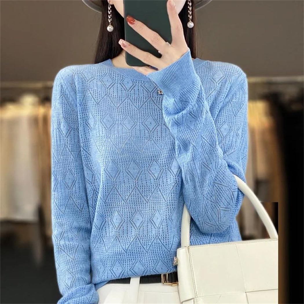 Sweter Damski Z Mieszanki Wełny, Z Okrągłym Dekoltem, Z Geometrycznym Wzorem, Miękki, Swobodny, Luźny, Z Długim Rękawem, Wiosenny-En8-Medium