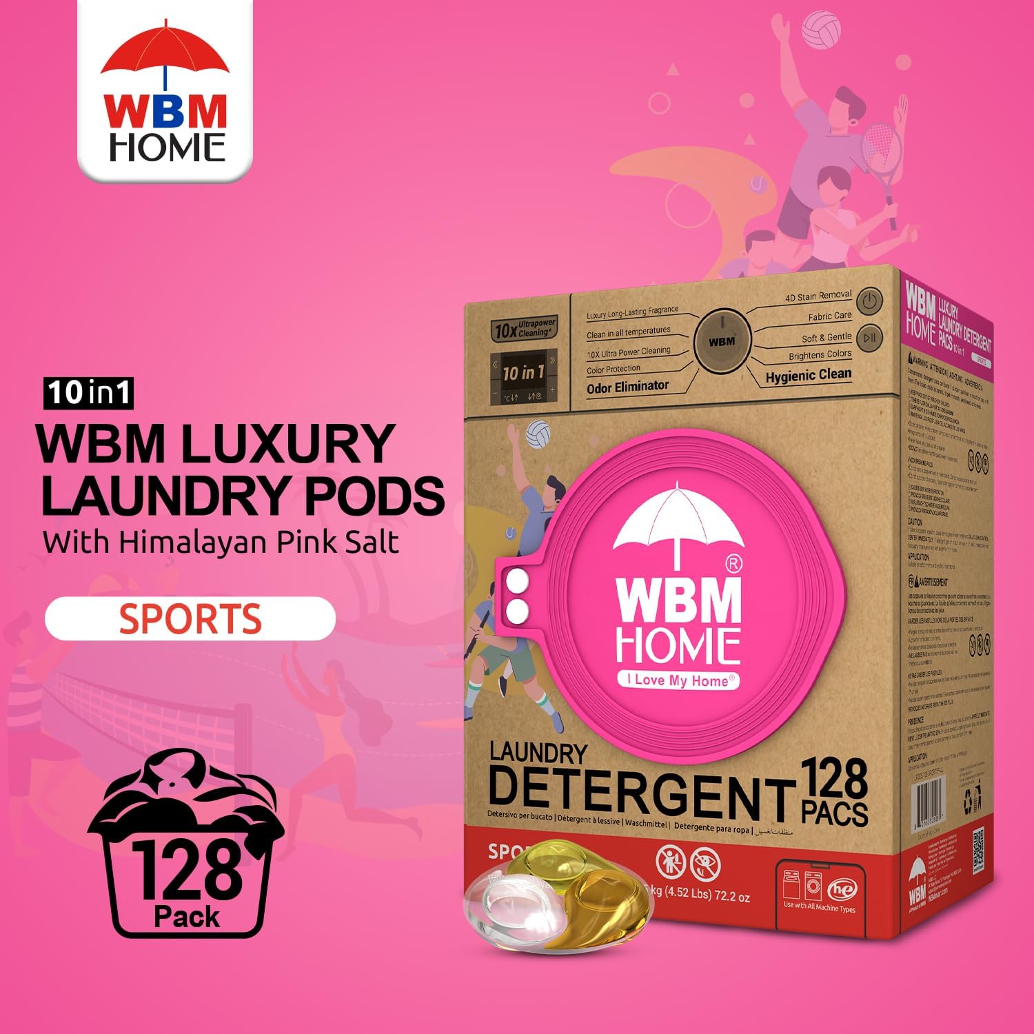 WBM Laundry Detergent Pods, Autumn Scent – 128 Pods in Recycleable Packaging for 10x Ultra Power Cleaning, Odor Defense for Activewear & Sports Shirts