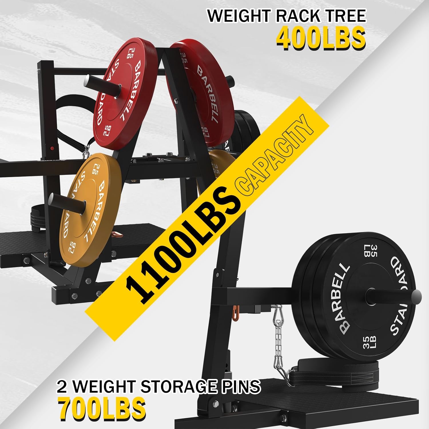 Image highlighting the weight capacity of the syedee BS00 Belt Squat Machine, showing 1100 lbs total capacity, with 400 lbs on the weight rack tree and 700 lbs on the 2 weight storage pins.