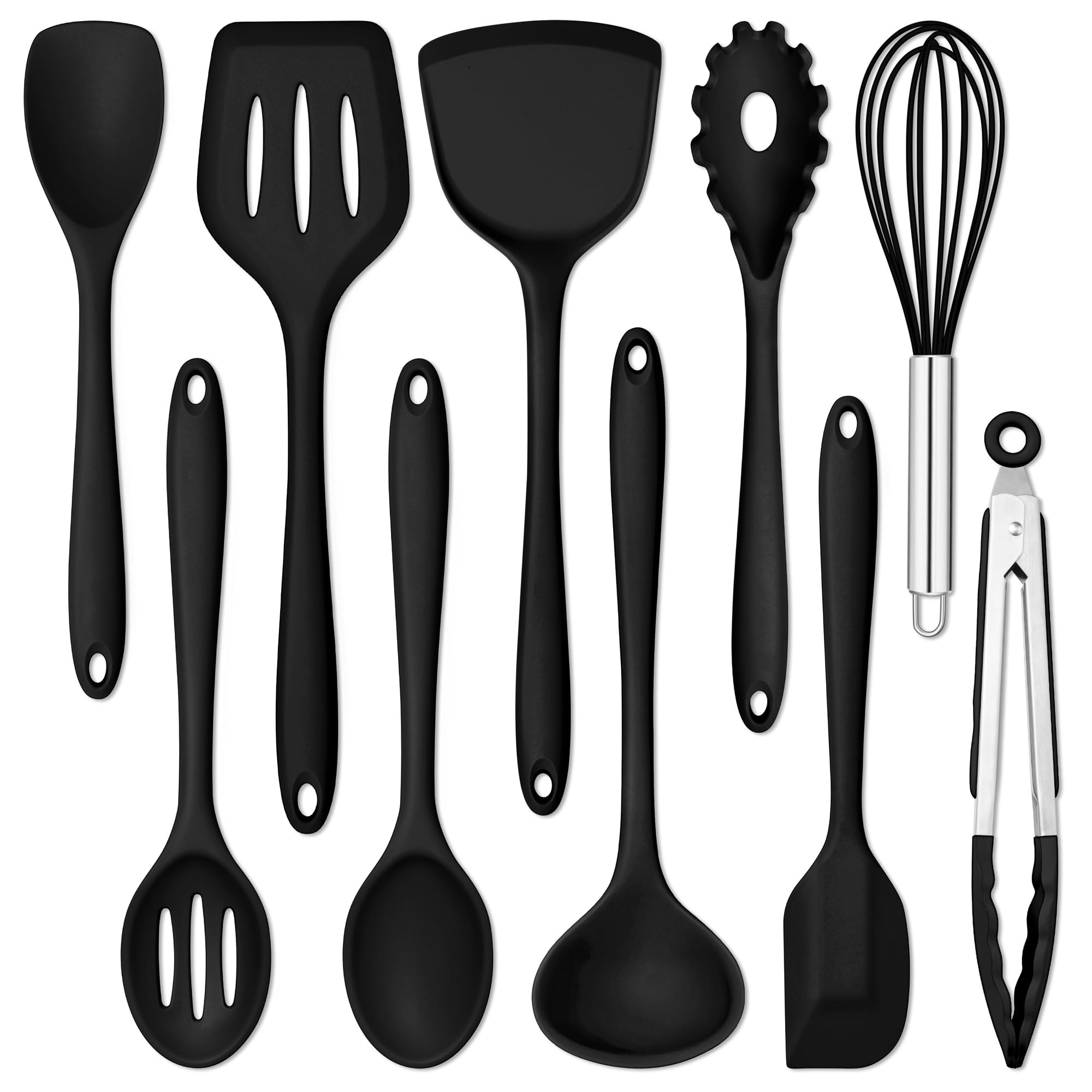 E-far Set di 10 utensili da cucina in silicone, resistenti al calore, per pentole antiaderenti, utensili da cucina con spatola, cucchiaio, spatola scanalata, atossici e lavabili in lavastoviglie