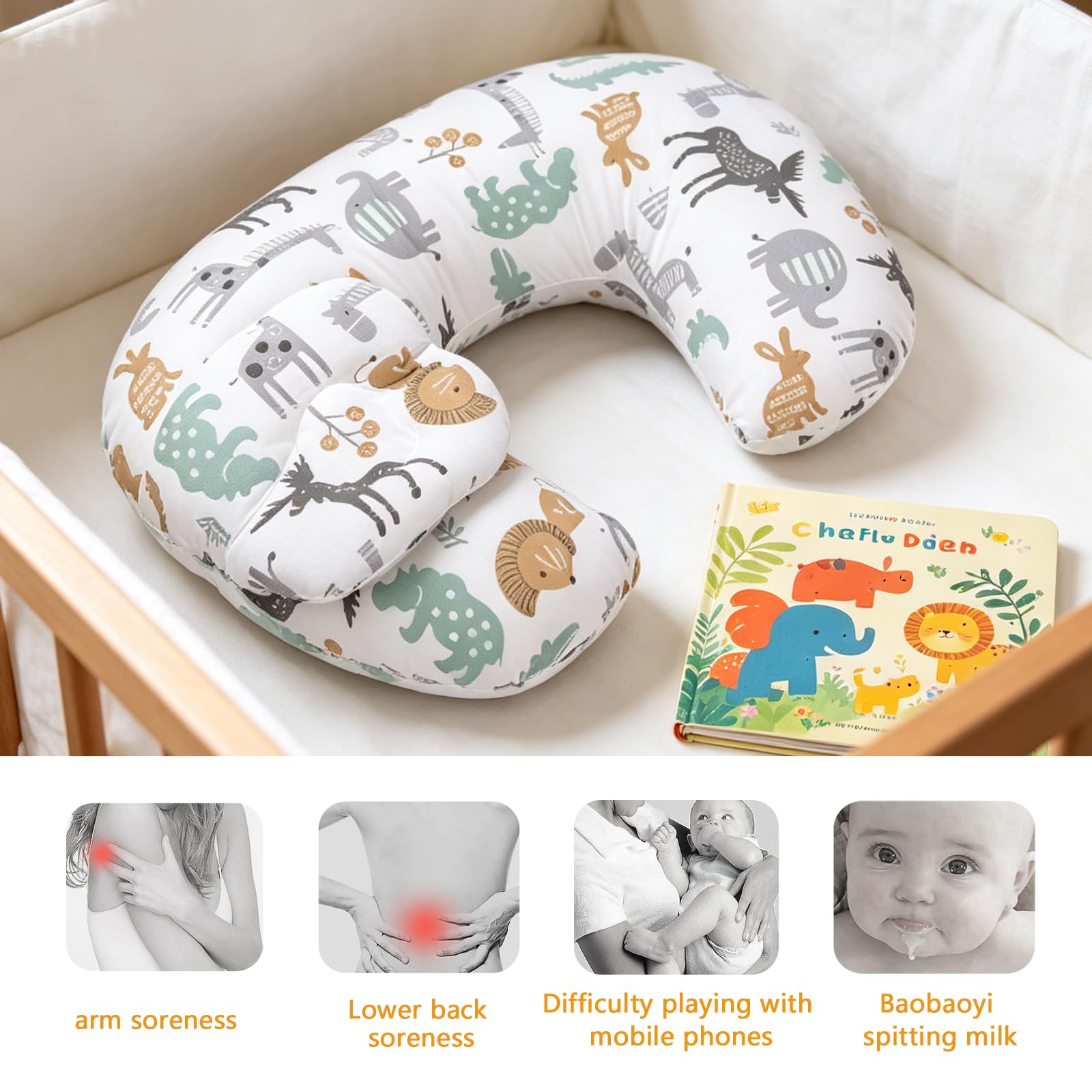 BORDEAG Petit coussin d'allaitement pour nouveau-né, 53 x 40 cm, petit coussin d'allaitement avec housse, coussin d'allaitement pour l'allaitement et le soin de bébé, motif parc animalier