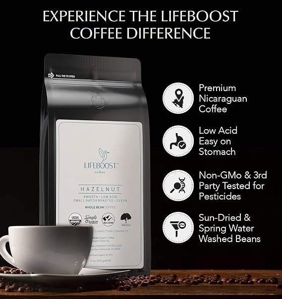 Lifeboost Hazelnut Whole Bean Coffee Organic, Low Acid, Non-GMO Hazelnut Flavored Coffee Single Origin, Mold-Free Mycotoxin Tested, 12 oz