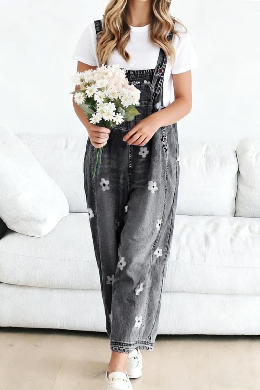 utcoco Women Floral Printed Adjustable Strap Denim Bib Overall Wide Leg Jeans Casual Baggy Overalls Jumpsuit - Image 7