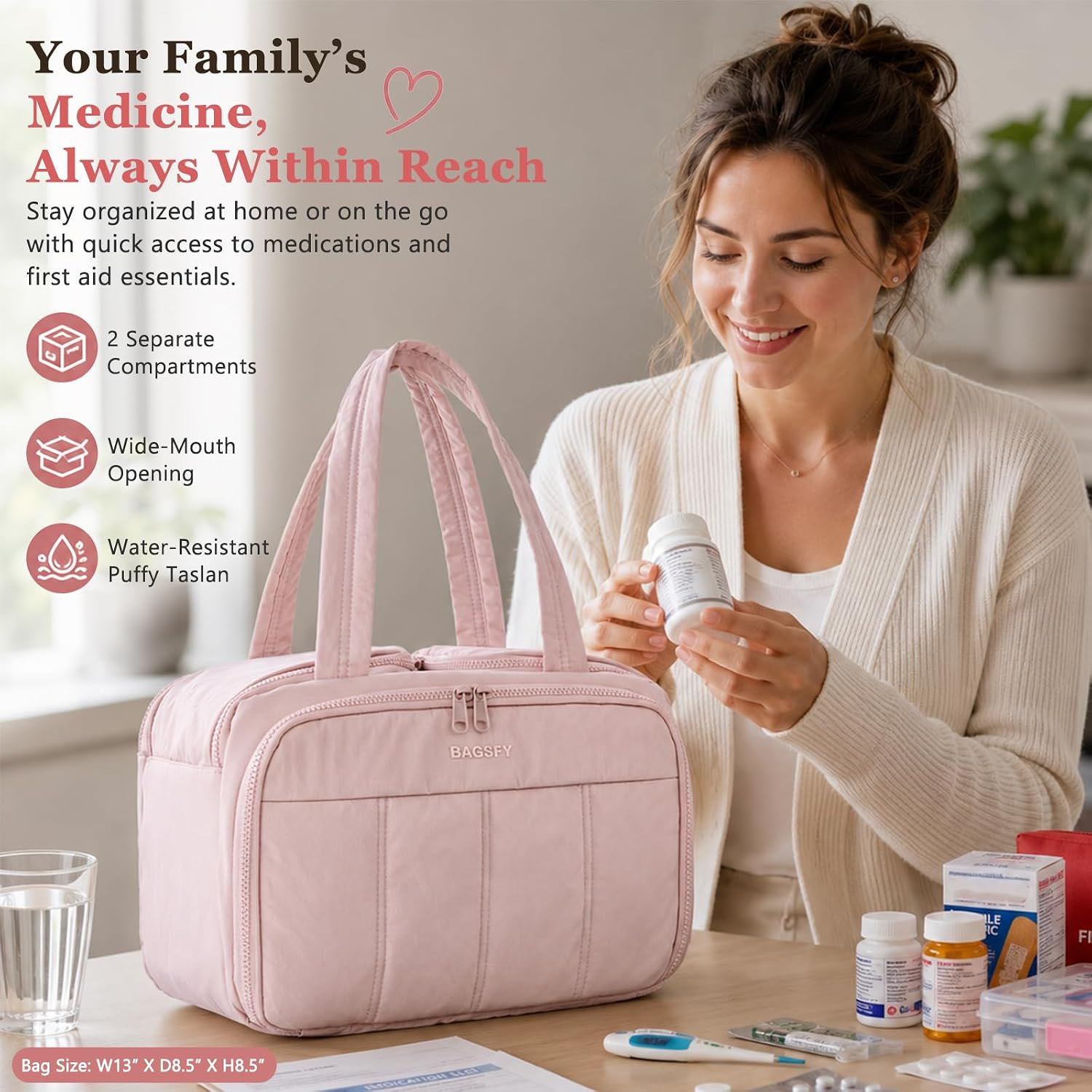 Travel Medicine Storage Bag with 2 Compartments, Wide-Mouth Medical Organizer, Puffy Lightweight First Aid Bag for Prescription Bottles, Pill Cases, Medical Supplies & Family Emergency Essentials