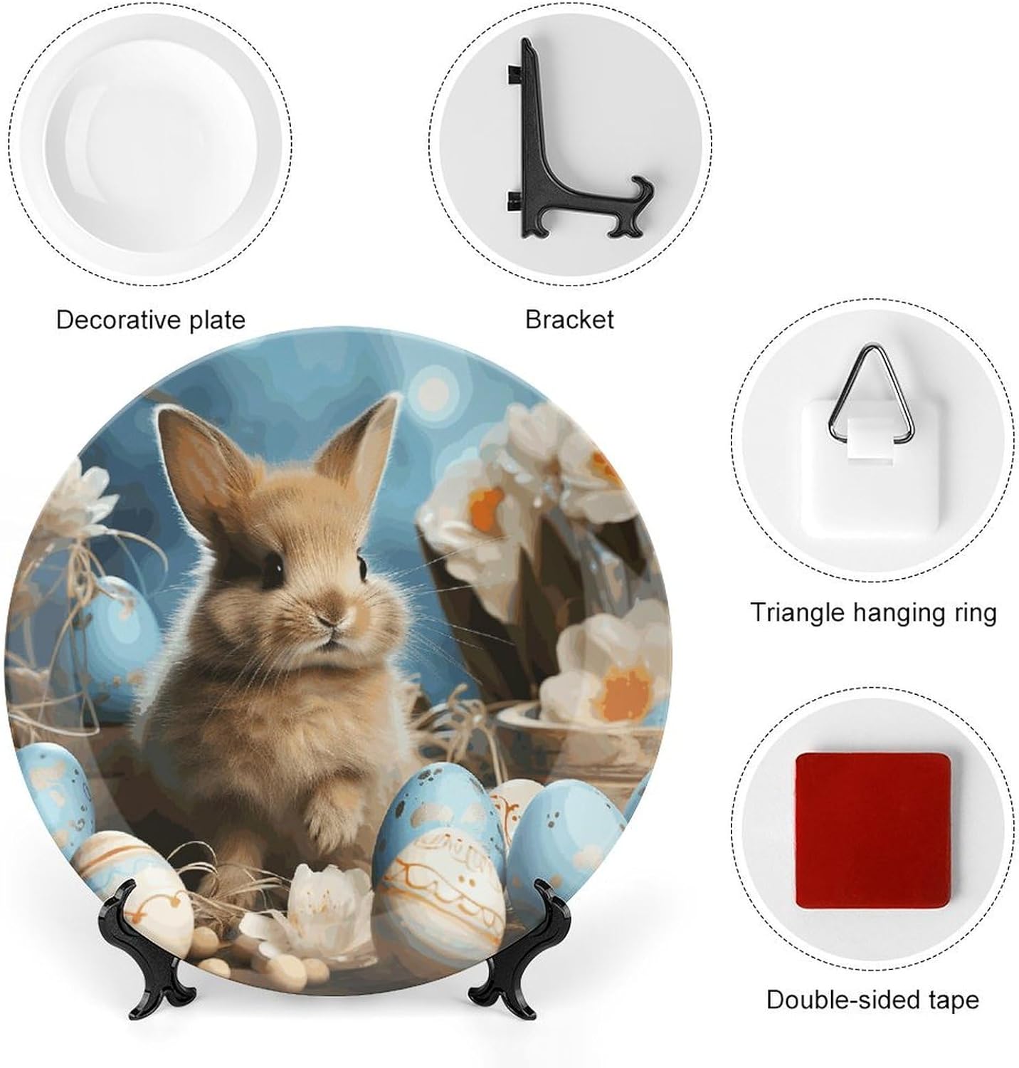 Cute Easter Eggs Rabbit Decorative Plates for Display Round Porcelain Plate Living Room Table Ceramic Hanging Decorative Plate Art Decor for Living Room Table with 1 Display Stand 8inch