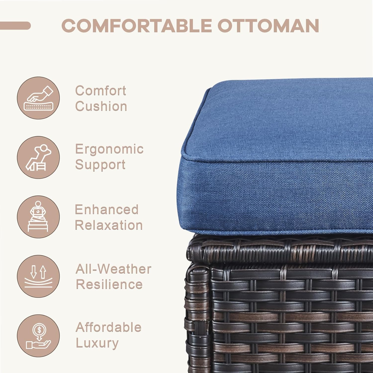 Patio Ottomans Set of 2 Outdoor Ottomans Wicker Foot Stools 2 Piece Footrest PE Rattan Ottomans with Thickened Cushions for Patio Garden Porch Balcony Poolside Deck, Brown|Blue