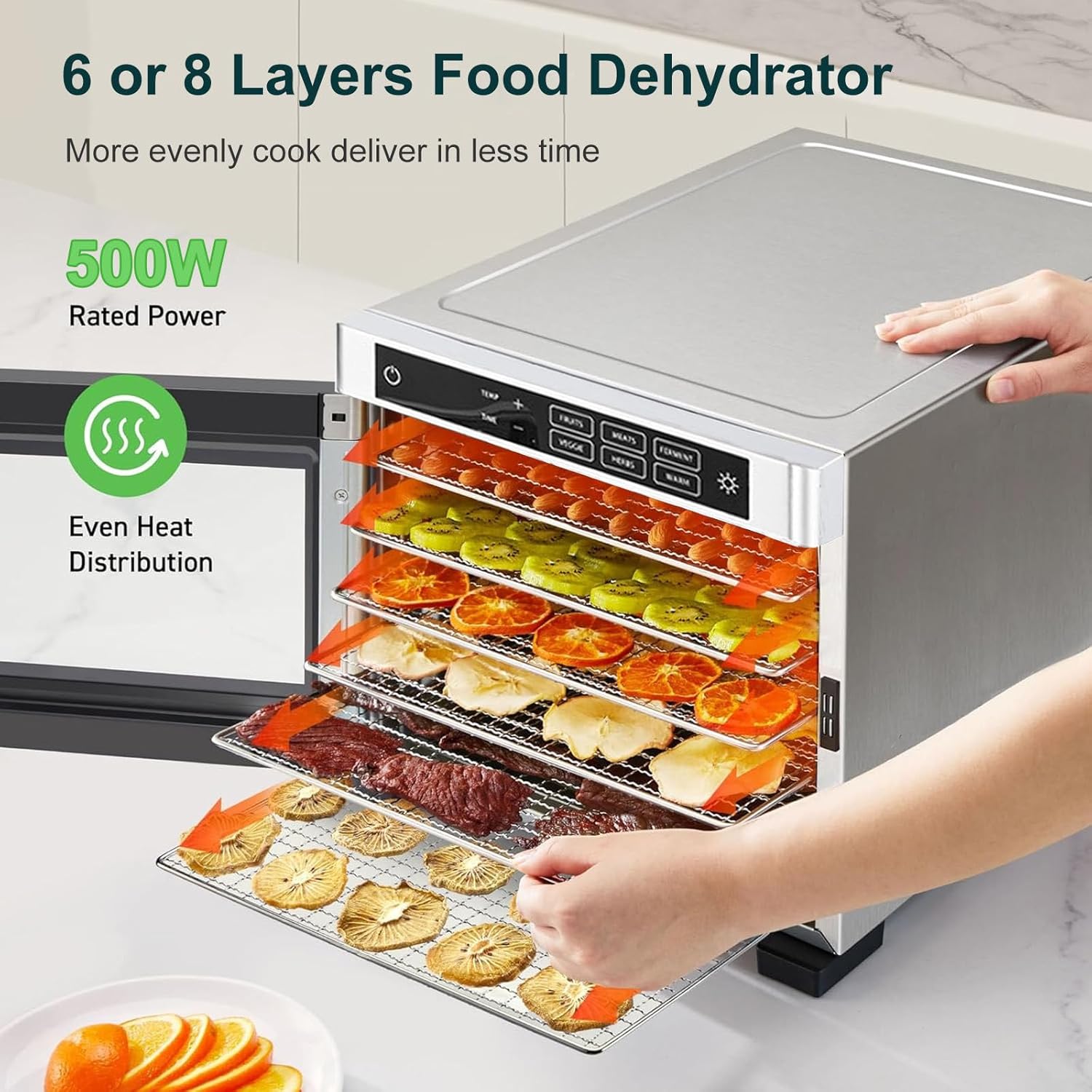 500W Food Dehydrator, Stainless Steel Dehydrator Machine with 24H Adjust Digital Timer and Led Display Screen, Fruits and Vegetables Drying Maker, 360 ° Circulating Heati,