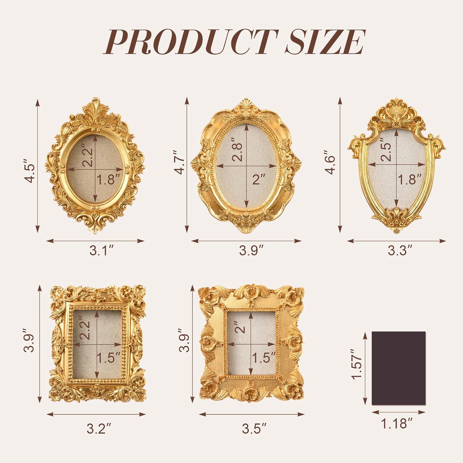 Leinuosen 5 Pcs Golden Refrigerator Mini Frames Magnetic Vintage Picture Display with Back Small Antique Picture Frames with Hooks and Rope Refrigerator Magnets Photo Display Christmas Decor, Style A