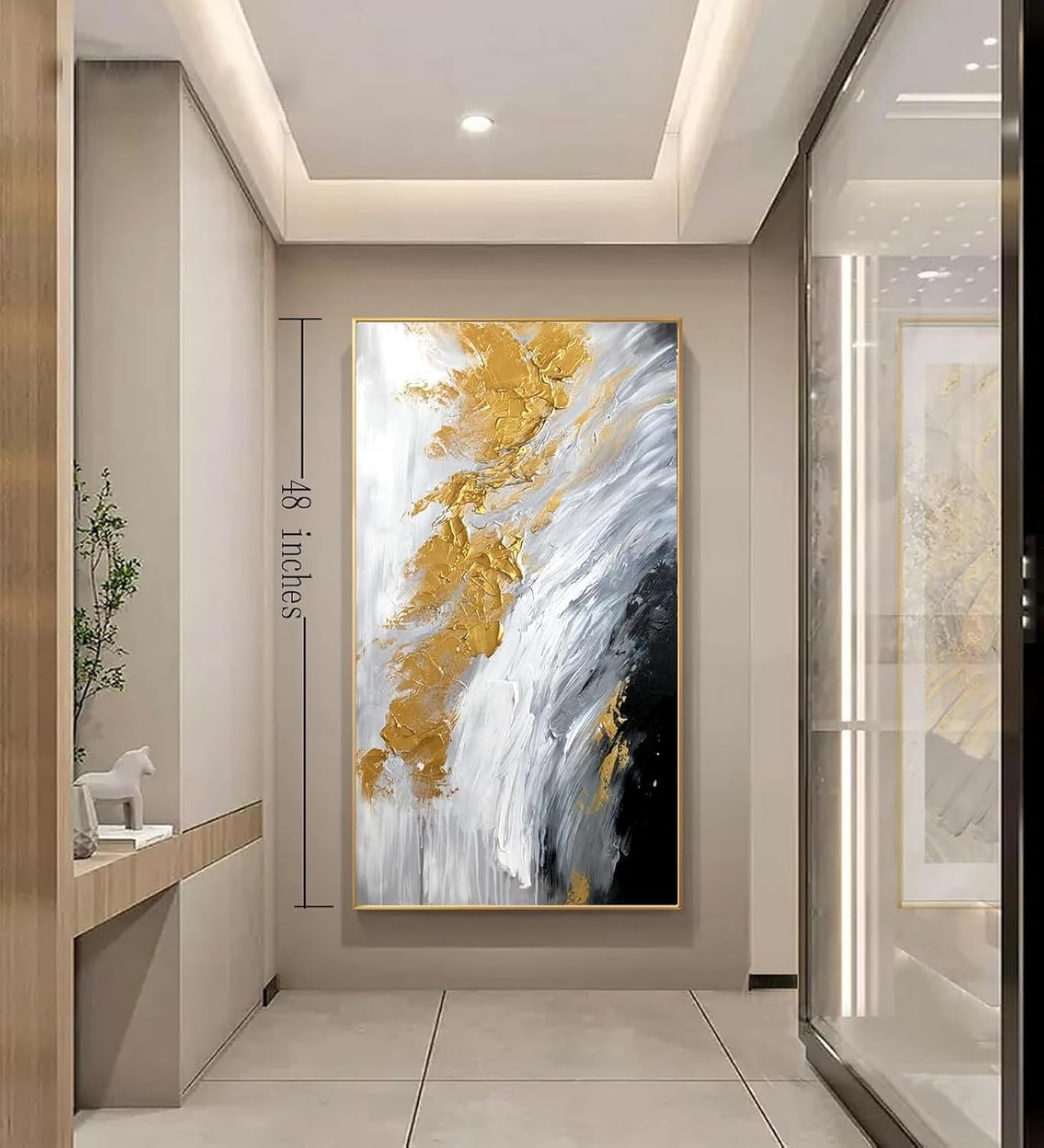 Hand-Painted Black and White Abstract Oil Painting on Canvas for Entrance-Hall, Framed Gold Wall Art for Living Room,Large 3D Wall Picture for Bedroom Kitchen Home Decoration 24x48inch